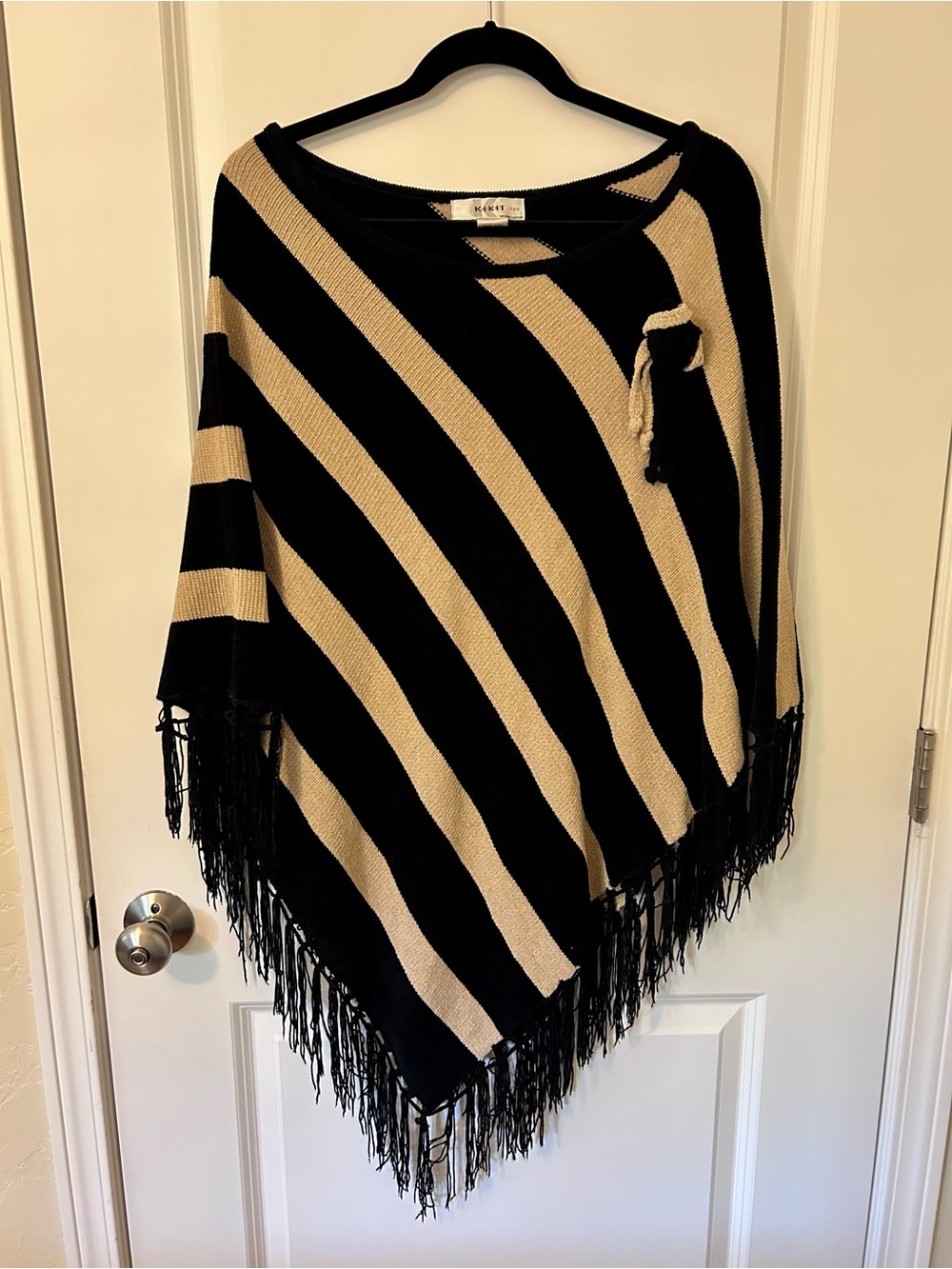 Kiki Black and Camel Striped Fringe Poncho